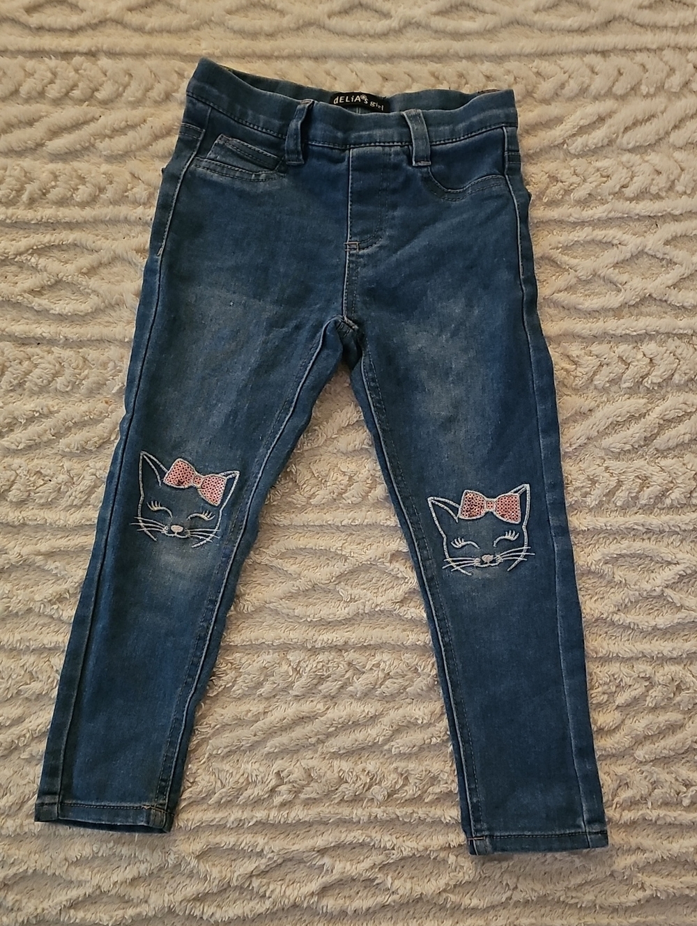 dELiA*s Dark Blue Girls Cat-Embroidered Jeggings with Pink Bows